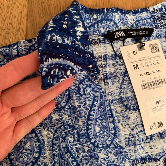 Zara Women's Cotton Midi Printed Shirt Dress V-Neck Collar Short Sleeves Size M - Picture 8 of 16